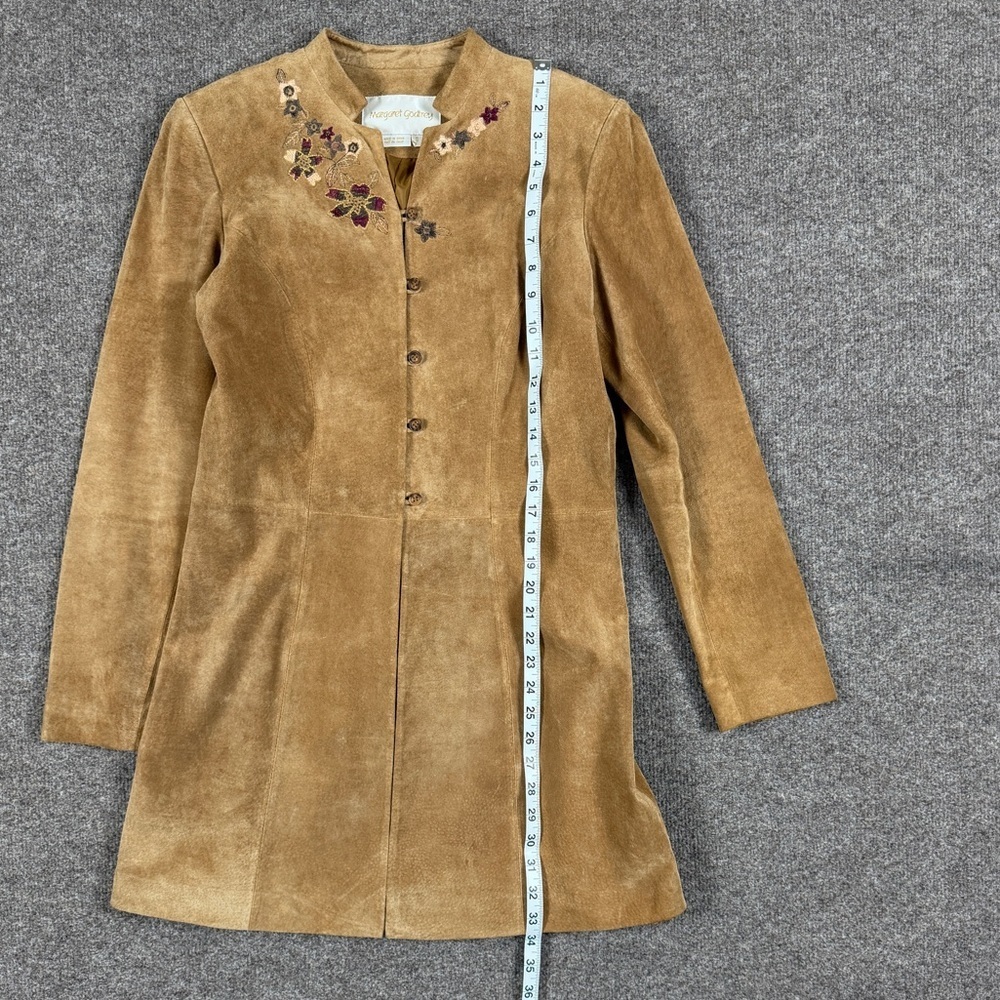 Margaret Godfrey Tan Suede Leather Coat Women’s 6 Embroidered Florals Mid Length - Picture 10 of 12
